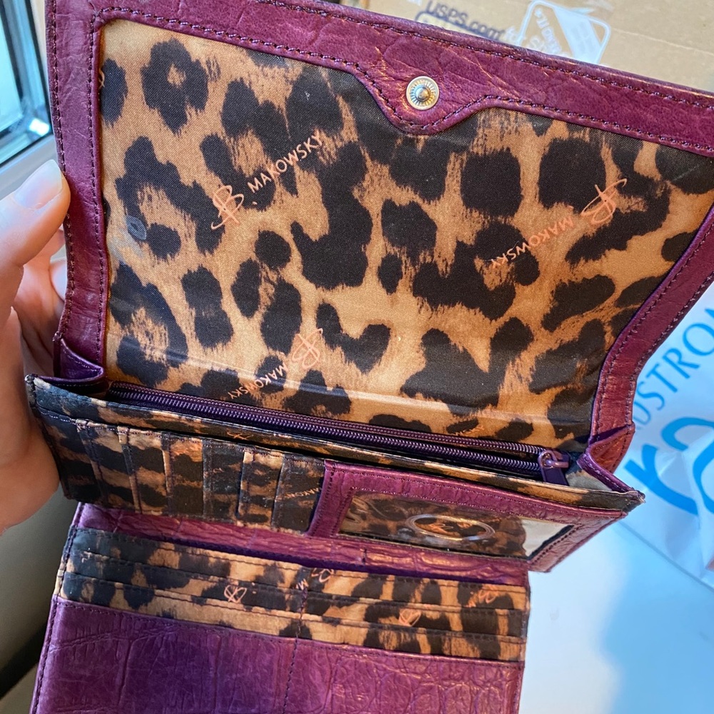 B makowsky purple leather animal print wallet